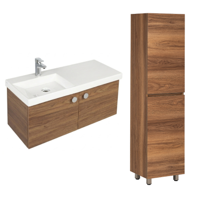 Pack Lavabo VISTA blanc 100x43 cm avec meuble bois brillant 2 portes poignées chromées et armoire STORA 170x45x30 cm