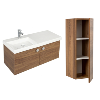 Pack Lavabo VISTA blanc 100x43 cm avec meuble bois brillant 2 portes poignées chromées et armoire STYLE 90x30x35 cm