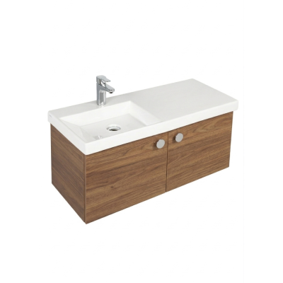 Pack Lavabo VISTA blanc 100x43 cm avec meuble bois brillant 2 portes poignées chromées