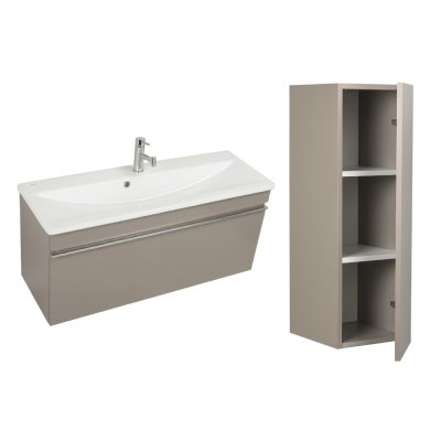 Pack Vasque semi encastré LOOK blanc 63x36 cm avec meuble gris brillant 1 tiroir sans poignée et armoire STYLE 90x30x35 cm