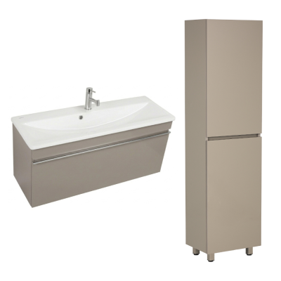 Pack Vasque semi encastré LOOK blanc 63x36 cm avec meuble gris brillant 1 tiroir sans poignée et armoire STORA 170x45x30 cm