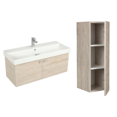 Pack lavabo NOVELDA PLUS 80X45 cm avec meuble travertin 2 portes push et armoire STYLE 90x30x35 cm