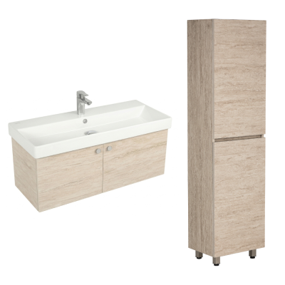 Pack lavabo NOVELDA PLUS 80X45 cm avec meuble travertin 2 portes push et armoire STORA 170x45x32 cm