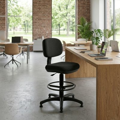 Tabouret réglable SENIOR Noir à roulettes, avec dossier et base annulaire