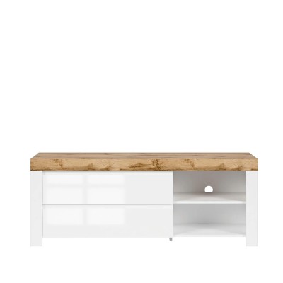 Meuble TV HOLTEN blanc/ chêne wotan/ blanc brillant 2 tiroirs156x66,5x42 cm