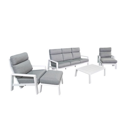 Salon de jardin SANTOS 5 places aluminium Blanc/ Gris - dossiers réglables, coussins Olefin, avec 2 repose-pieds et table basse