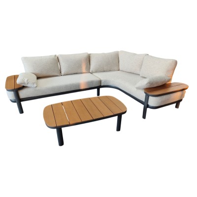 Salon d’angle MIKO 5 places aluminium et bambou Anthracite/ Taupe avec table basse