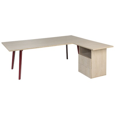 Bureau TETI avec retour bloc tiroir 220x100+80x60 cm str. rouge/ plateau et retour chêne perla