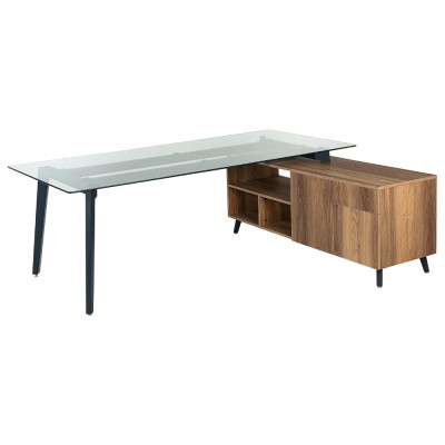 Bureau TETI avec meuble crédence 220x100+160x50 cm str. bleu/ plateau en verre/ crédence en bois hazar